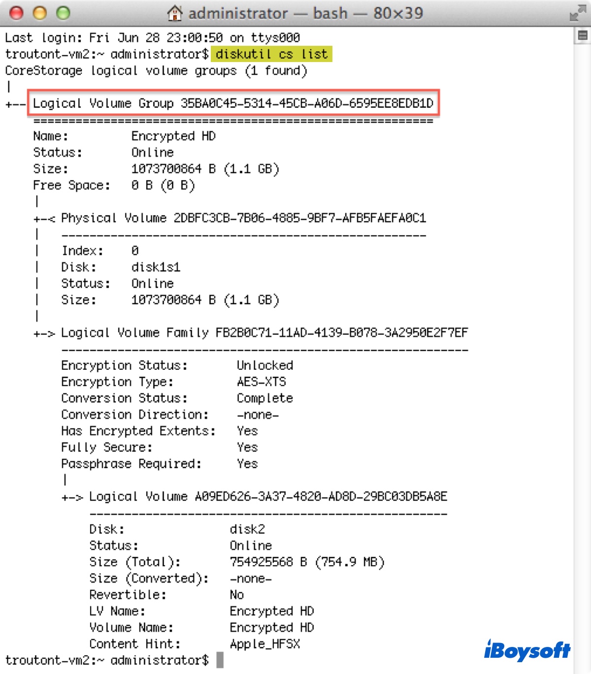 Verifique a sequência do grupo de volume lógico