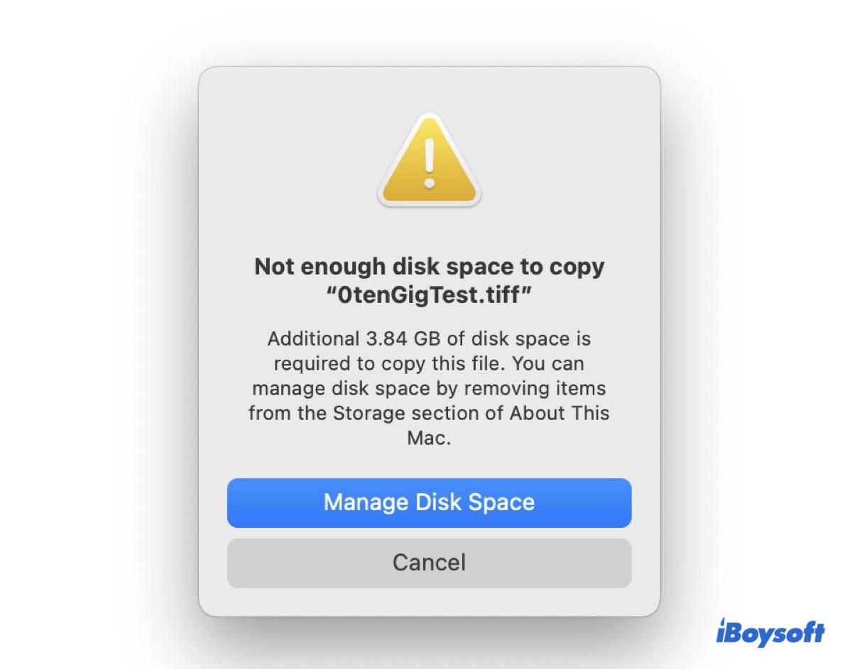 Die Fehlermeldung besagt, dass auf dem Mac nicht genügend Speicherplatz zum Kopieren vorhanden ist