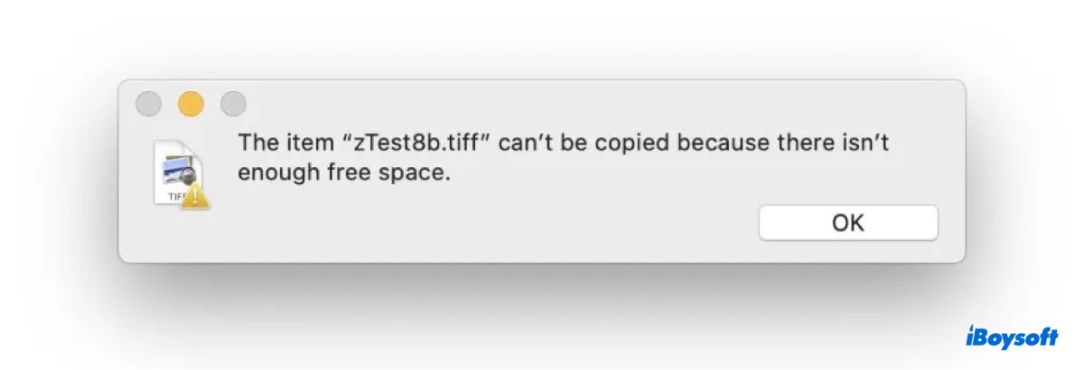 Die Fehlermeldung besagt, dass das Element nicht kopiert werden kann, weil nicht genügend Speicherplatz vorhanden ist