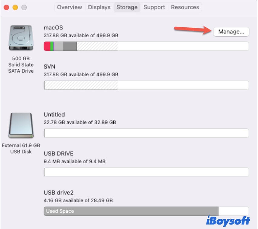 check storage on Mac and click Manage