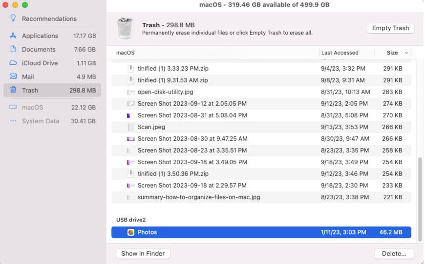administrar archivos en la Papelera desde el optimizador de almacenamiento de Mac