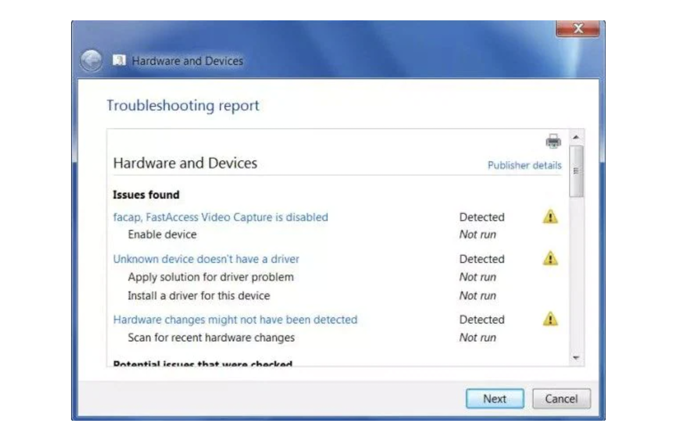 Hardware and devices troubleshooter issue list