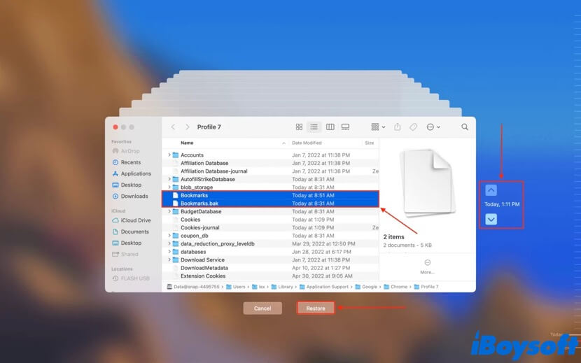 restore Chrome bookmarks files using Time Machine
