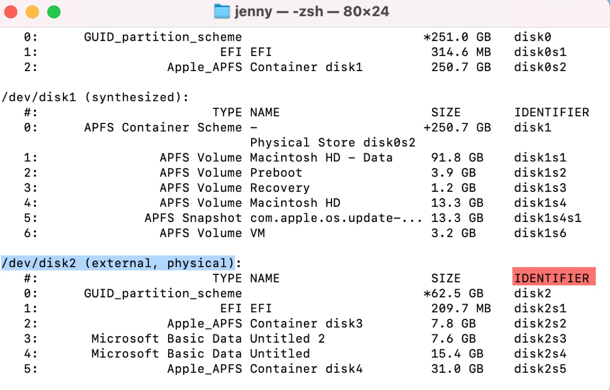 Überprüfen des Festplatten-Identifiers des externen Laufwerks im Terminal