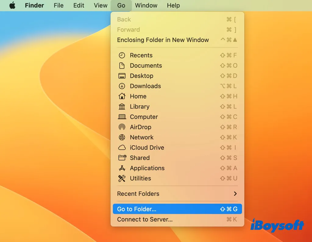 Zum Ordner gehen Menü Mac