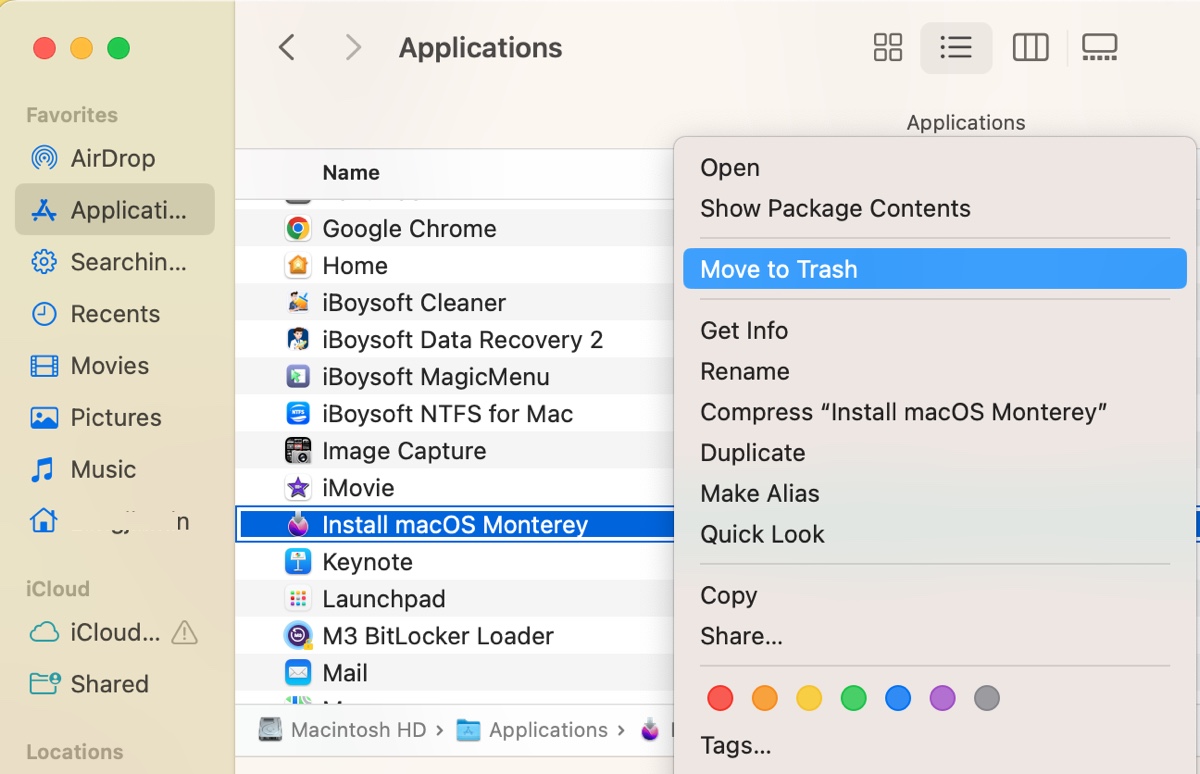 Supprimer l'installateur macOS téléchargé dans le dossier Applications
