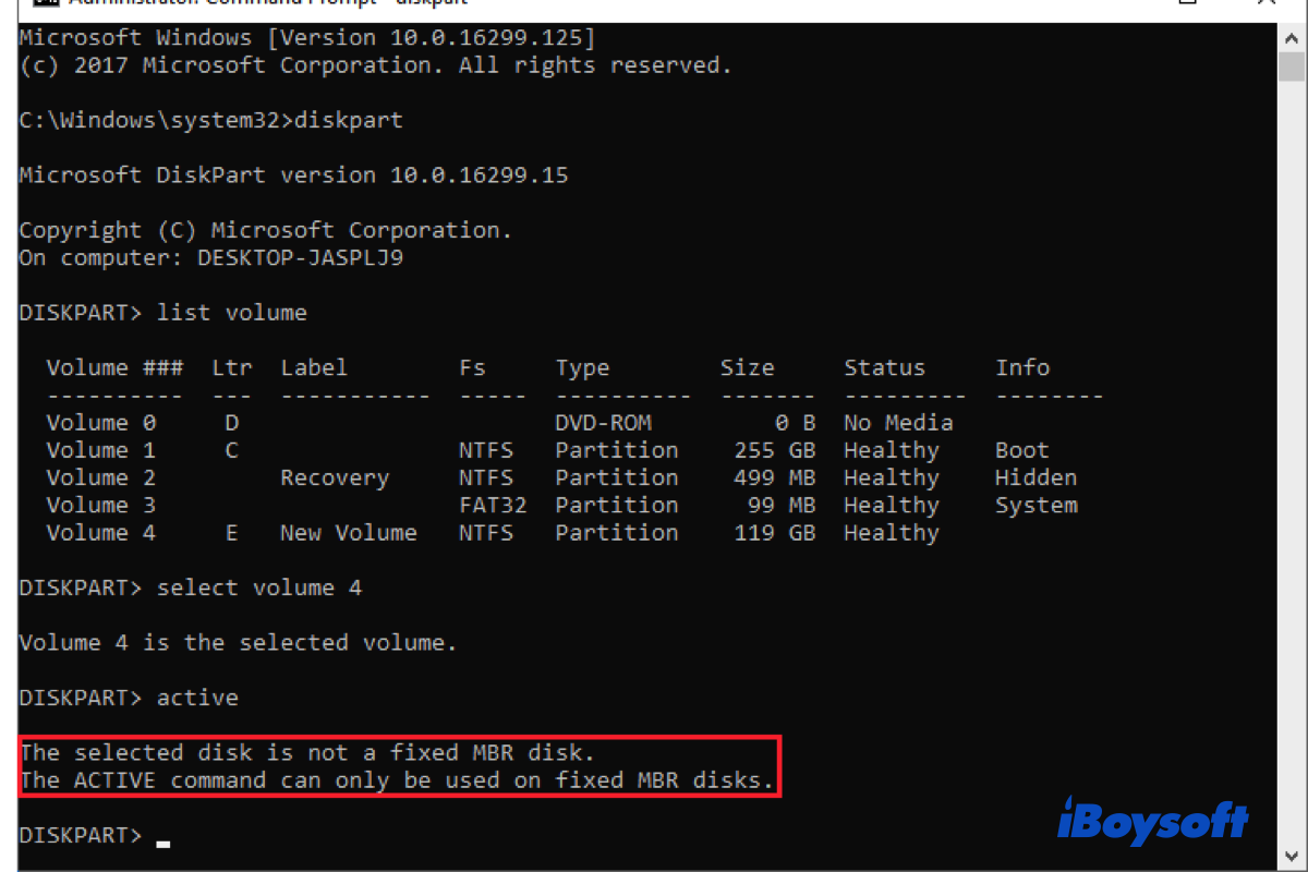 the selected disk is not a fixed MBR disk