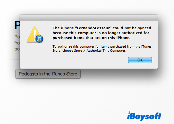O iPhone não pode ser sincronizado porque este computador não está mais autorizado