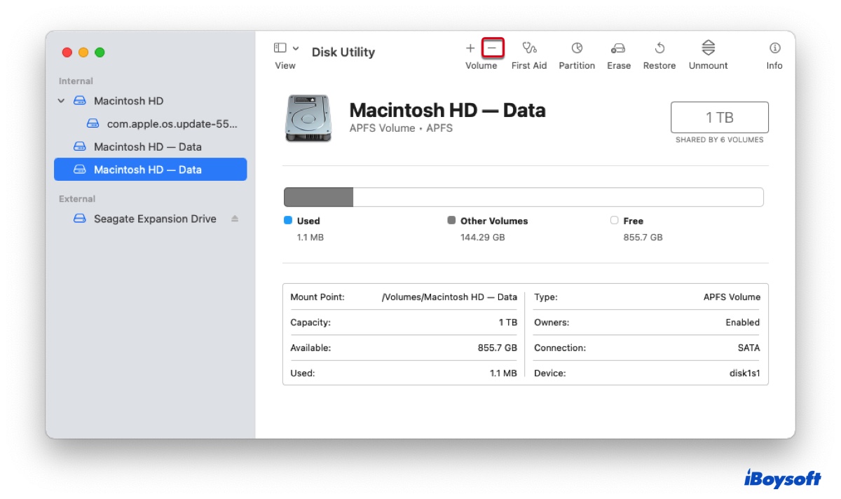 Supprimez le volume supplémentaire Macintosh HD Data