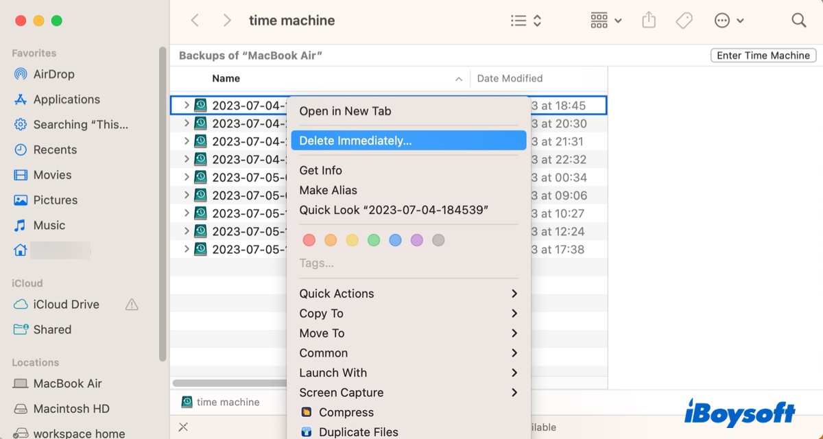 Eliminar copias de seguridad de Time Machine en Mac en el Finder