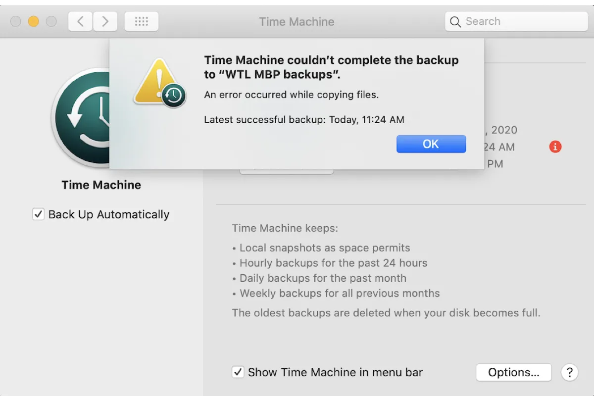 Beheben des Fehlers „Time Machine konnte das Backup auf dem Mac nicht abschließen