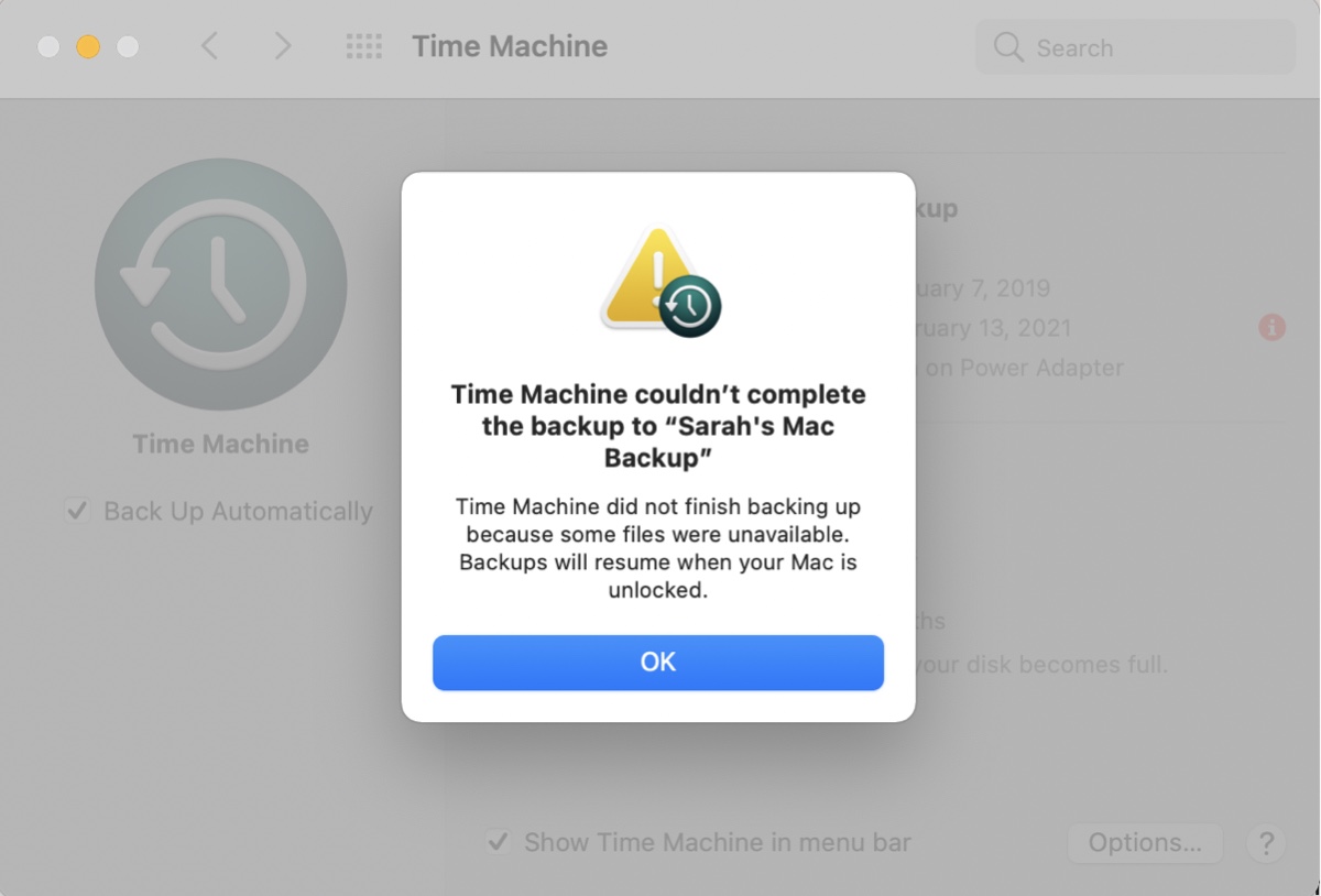 Time Machine não pôde concluir o backup porque alguns arquivos não estavam disponíveis