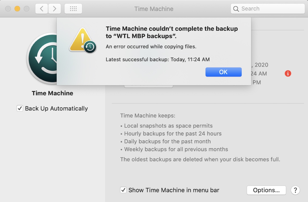 O Time Machine não conseguiu completar o backup ao copiar arquivos