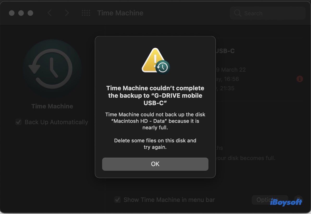 Message indiquant que la sauvegarde Time Machine n'a pas pu être complétée car l'espace est presque plein sur Mac