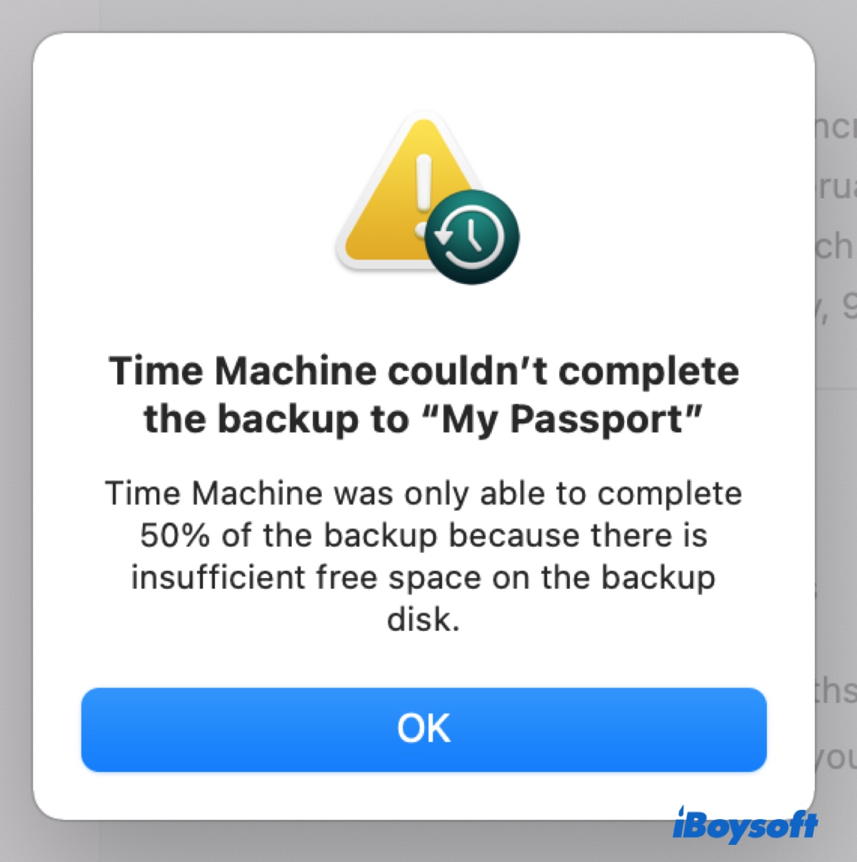 Mensaje de Time Machine sobre la copia de seguridad no completada por espacio insuficiente