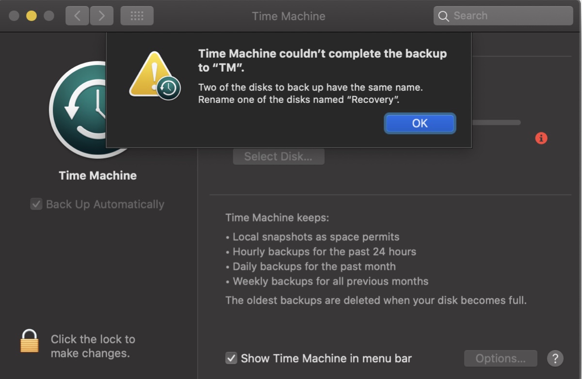 Time Machine no pudo completar la copia de seguridad: dos de los discos a copiar tienen el mismo nombre