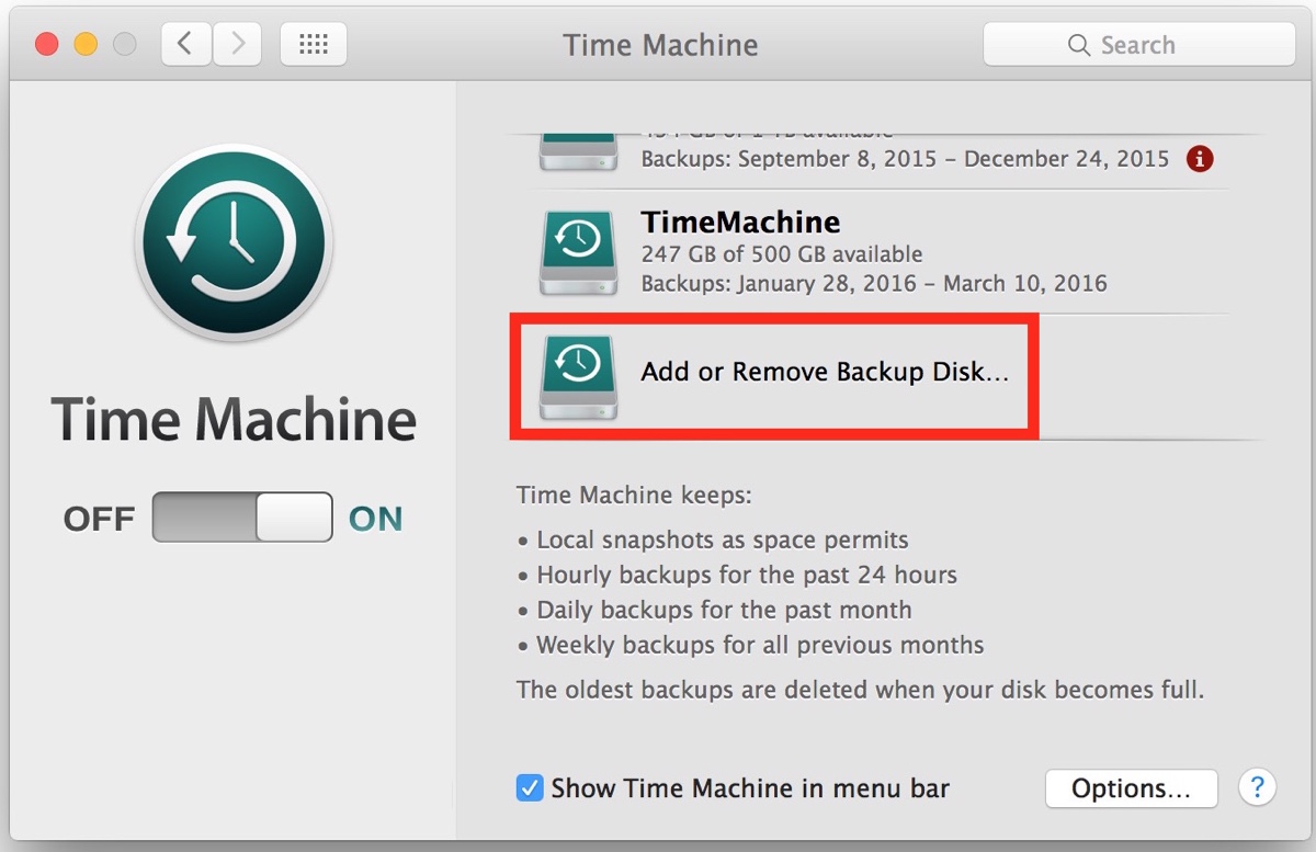 Entfernen der Time Machine Sicherungsfestplatte auf macOS Monterey oder früher