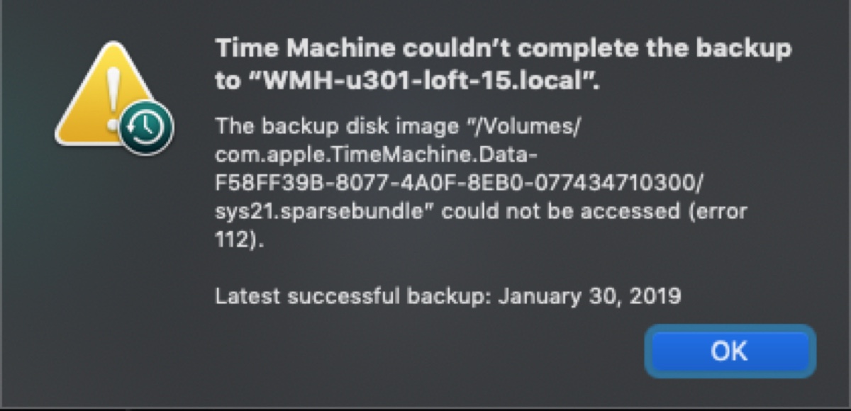 バックアップディスクイメージsparsebundleにアクセスできませんでした（エラー112）