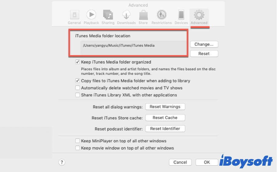 Verificar la ubicación de la carpeta de medios de iTunes en Mac