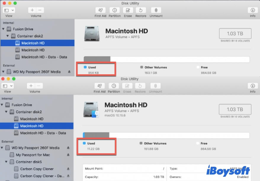 compara el espacio utilizado de dos Macintosh HD