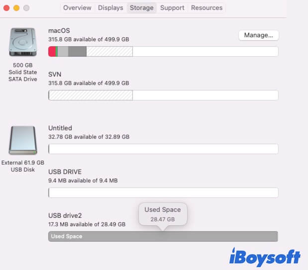 check the available storage space on the external hard drive on Mac