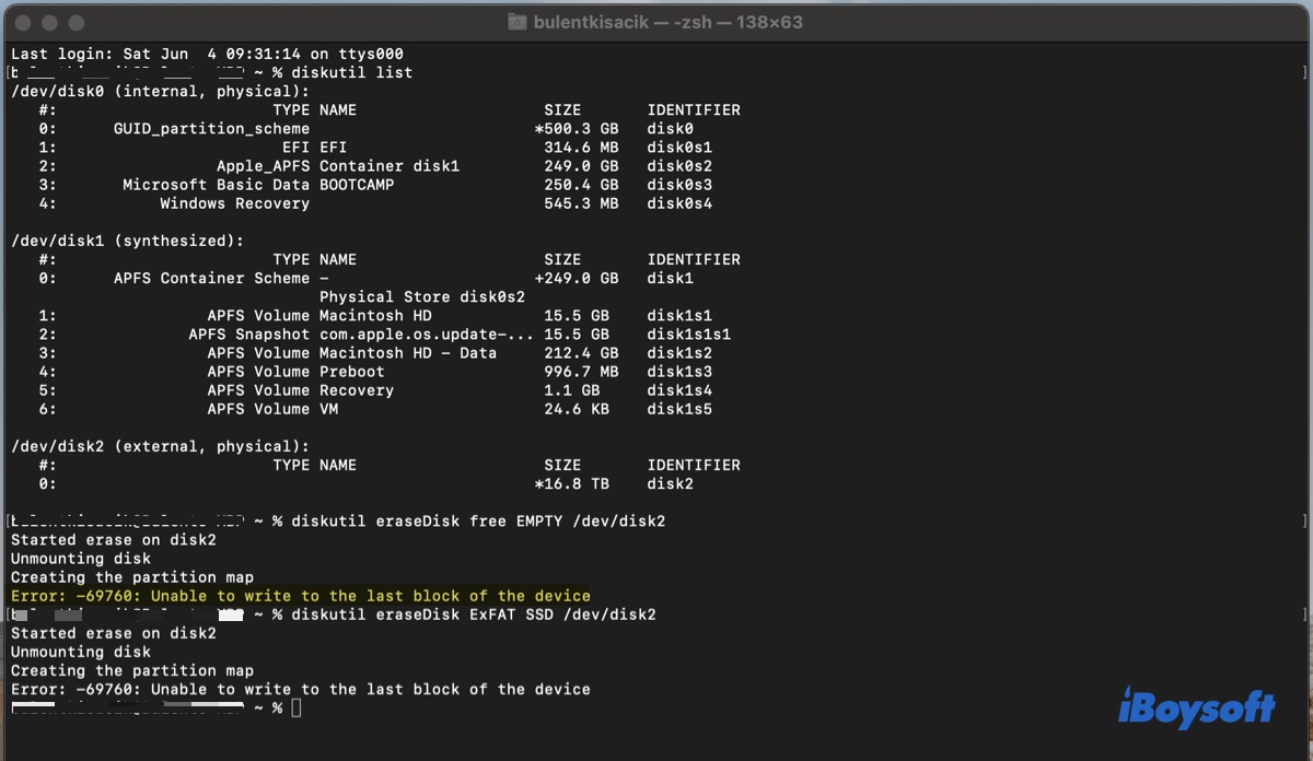 Terminal affiche l'erreur 69760 Impossible d'écrire sur le dernier bloc du périphérique