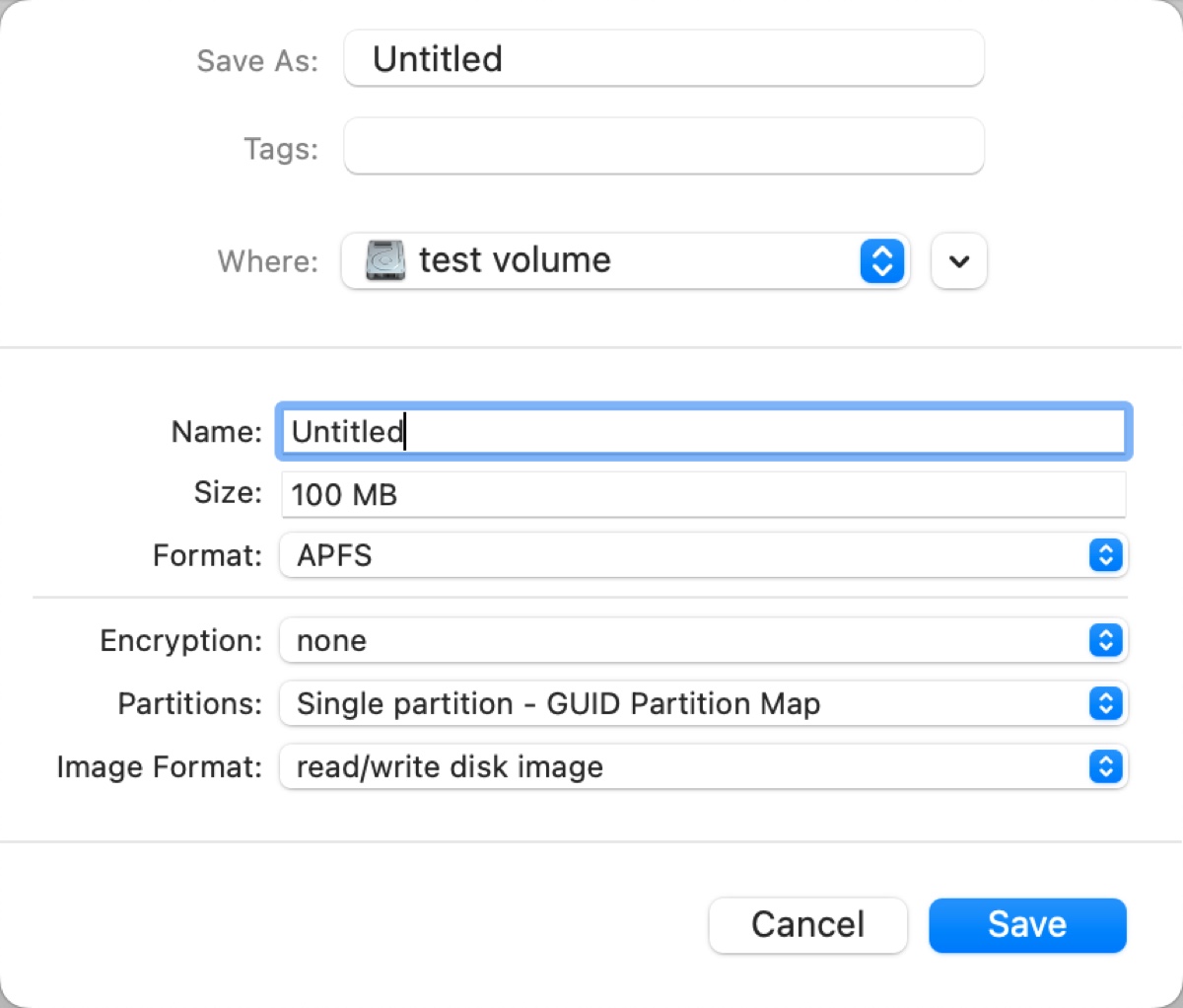 Remplissez les informations nécessaires pour créer une image vierge