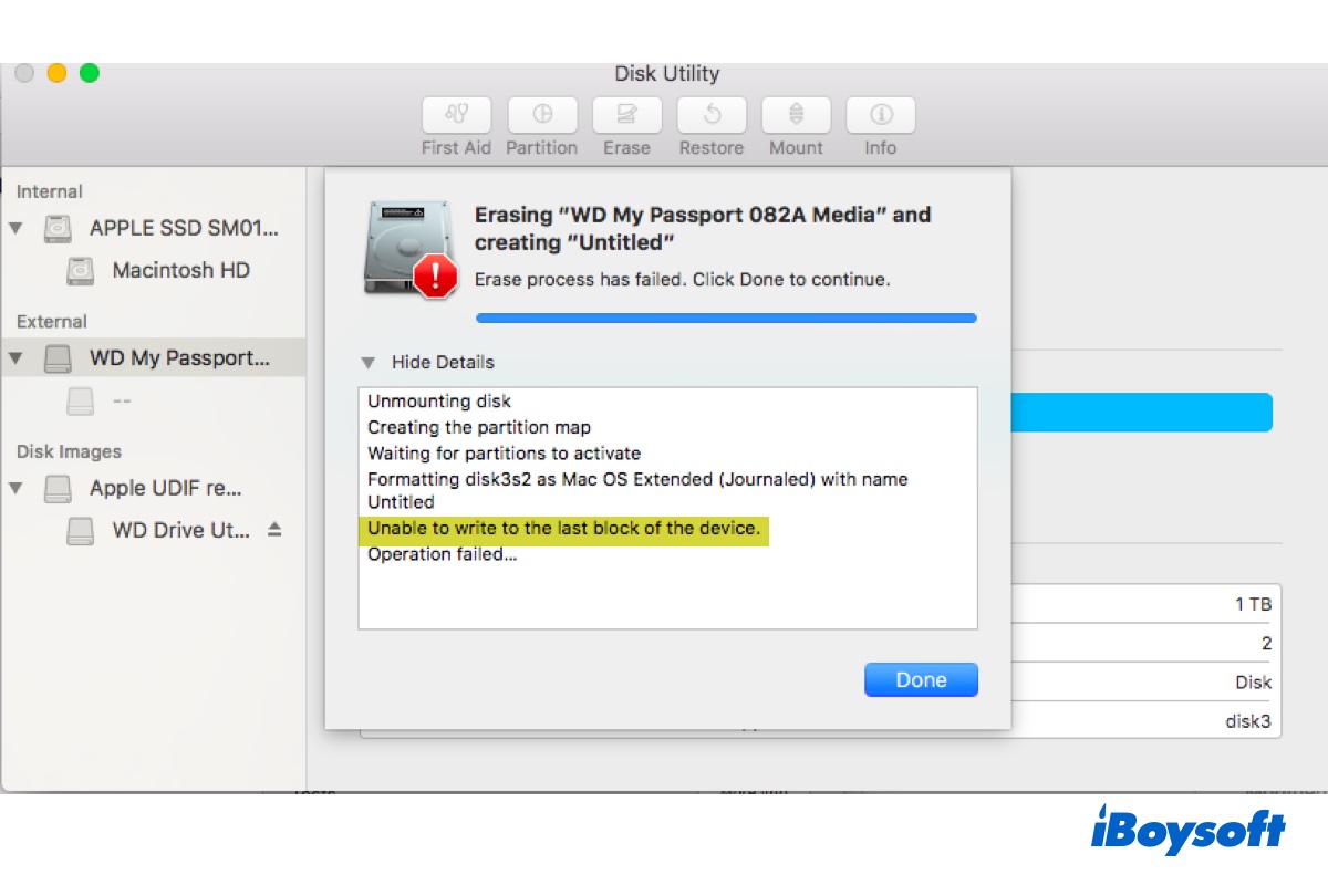 Arreglar el error No se puede escribir en el último bloque del dispositivo en Mac