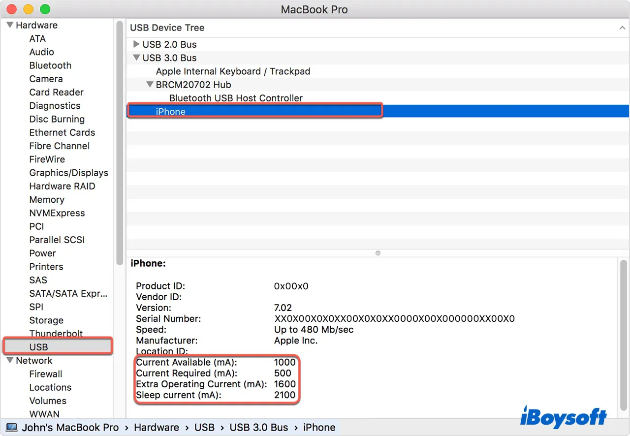 picture showing how to find the power a USB device needs on System Report
