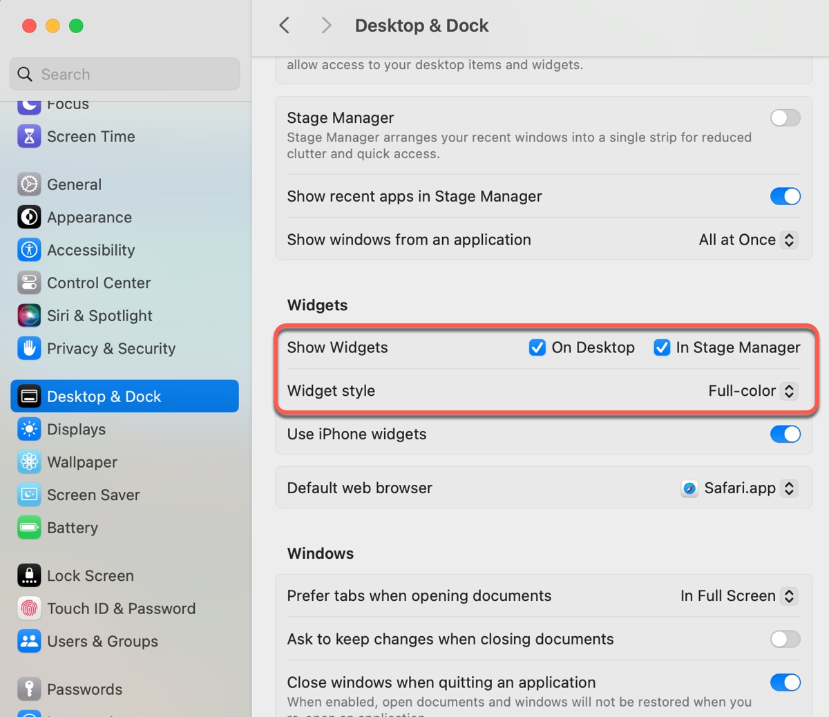 Change macOS Sonoma Widgets settings