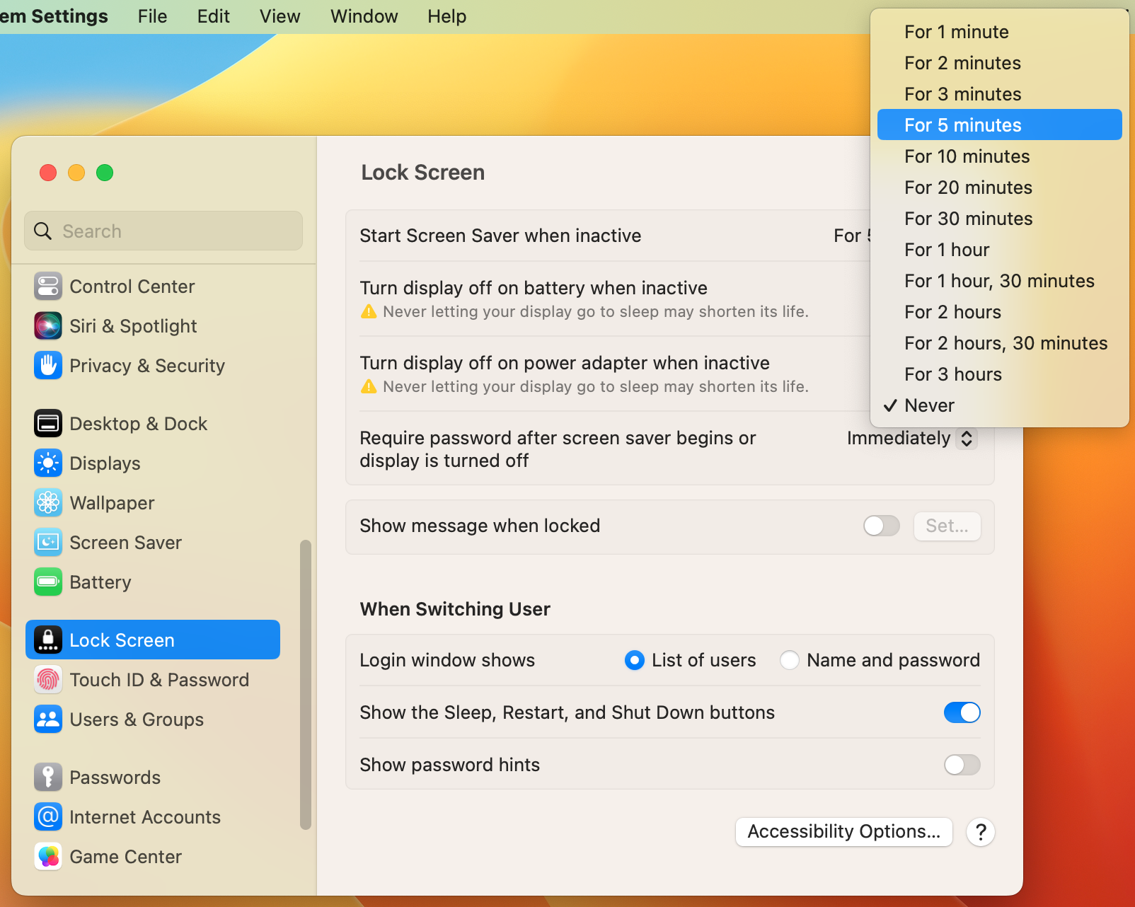 check sleep setting on ventura