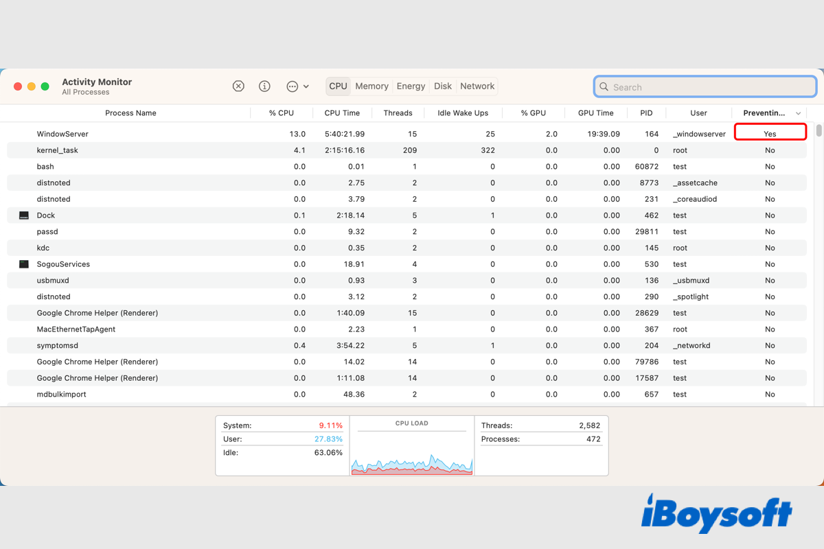 windowserver prevent from sleeping ventura