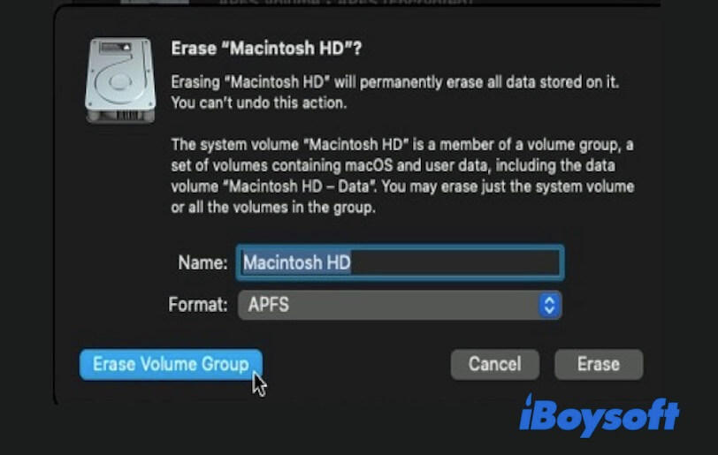 Choose Erase Volume Group in macOS Recovery mode Disk Utility