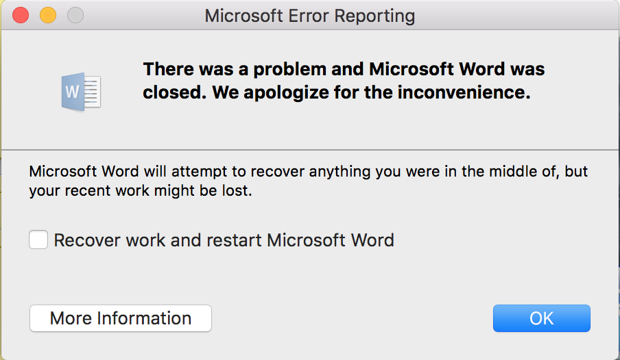 Es gab ein Problem, und Microsoft Word wurde geschlossen. Wir entschuldigen uns für die Unannehmlichkeiten.