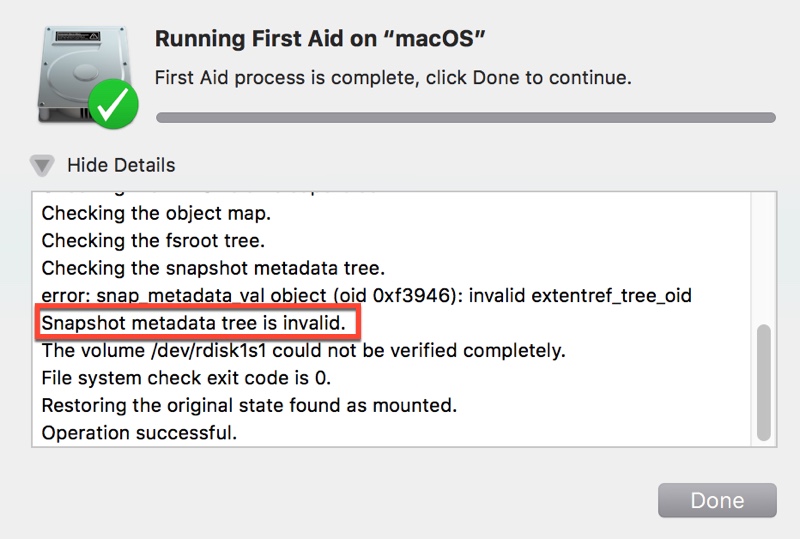 invalid snapshot metadata tree APFS snapshot error in Disk Utility