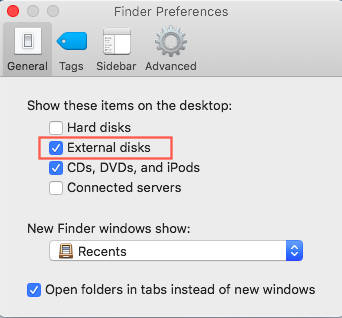 mostrar disco rígido externo montado no ambiente de trabalho do Mac