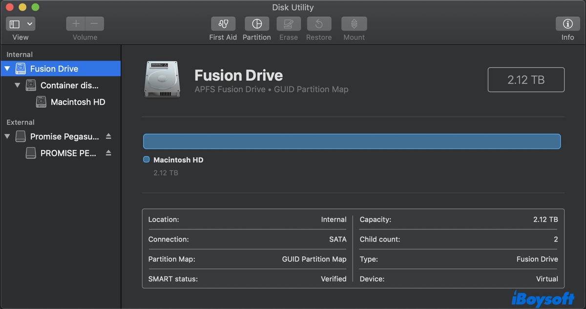 Disk UtilityでAPFSとしてフォーマットされたFusion Drive