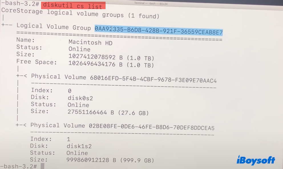 Verifique o UUID do Grupo de Volumes Lógicos CoreStorage no Terminal