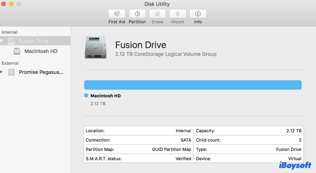 Disk UtilityでMac OS Extended JournaledとしてフォーマットされたFusion Drive