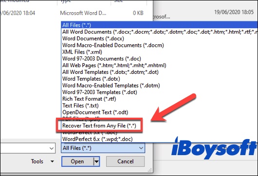 recover damaged text from the Recover text from any file option