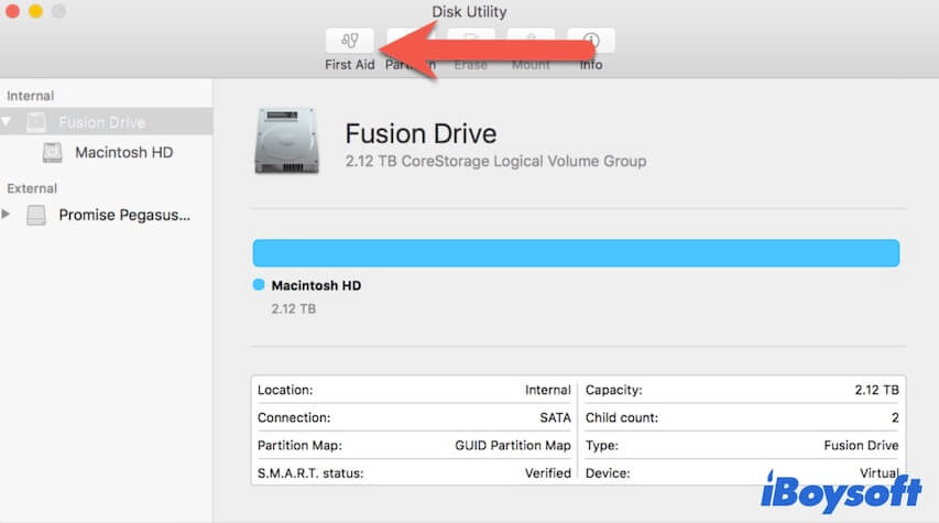 execute a verificação de Primeiros Socorros no Fusion Drive
