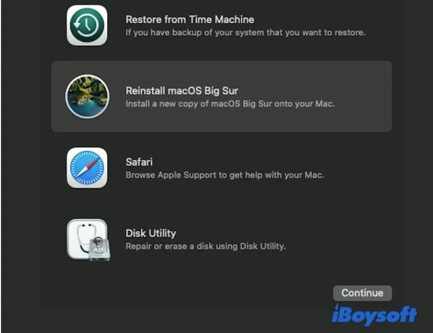 select Reinstall macOS in Recovery Mode