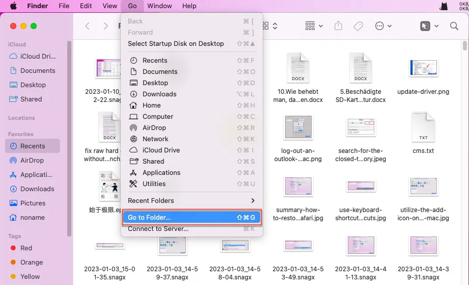 Revisar todos los archivos en Mac a través de Ir a la carpeta