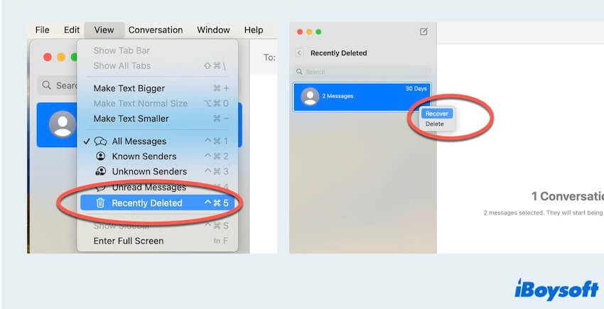Recuperar iMessages excluídas no Mac pela pasta Itens Excluídos Recentemente