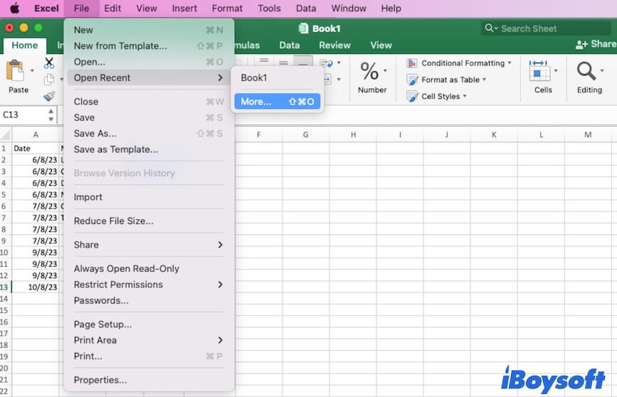 ouvrir le dossier Récent depuis Microsoft Excel