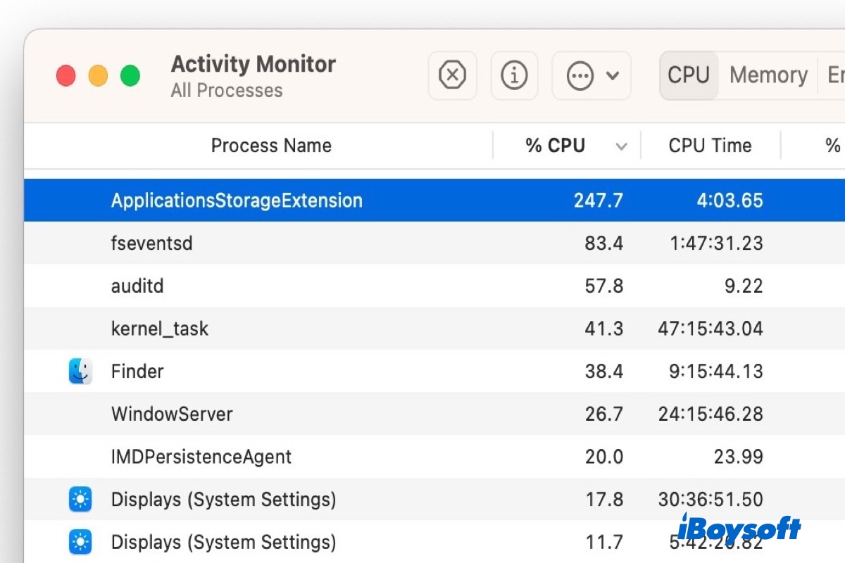 alto consumo de CPU de applicationsstorageextension en Mac