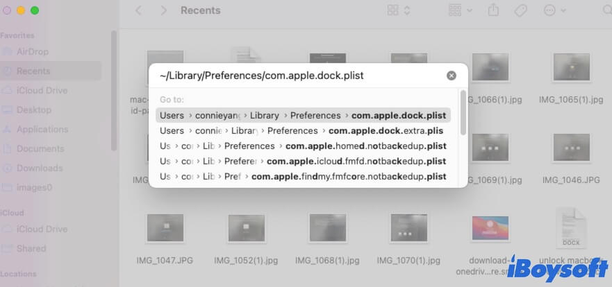 enter the dock plist file path into the Go to Folder box