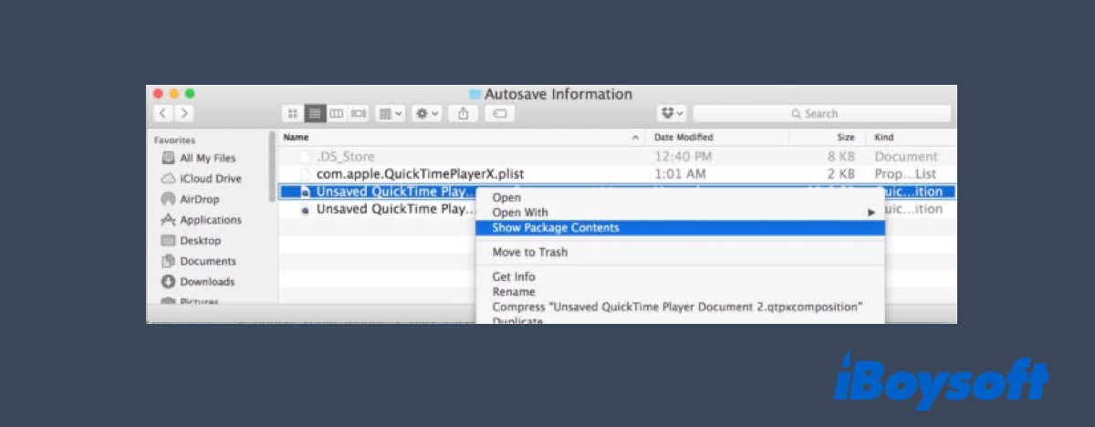 Right click on the unsaved QuickTime recording package to reveal the real file