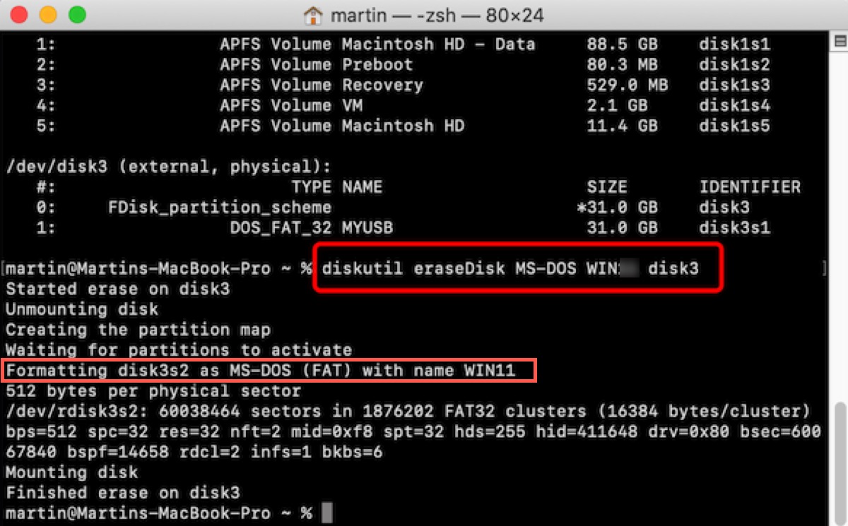 Verwendung von Terminal, um einen bootfähigen Windows 10 USB auf einem Mac zu erstellen