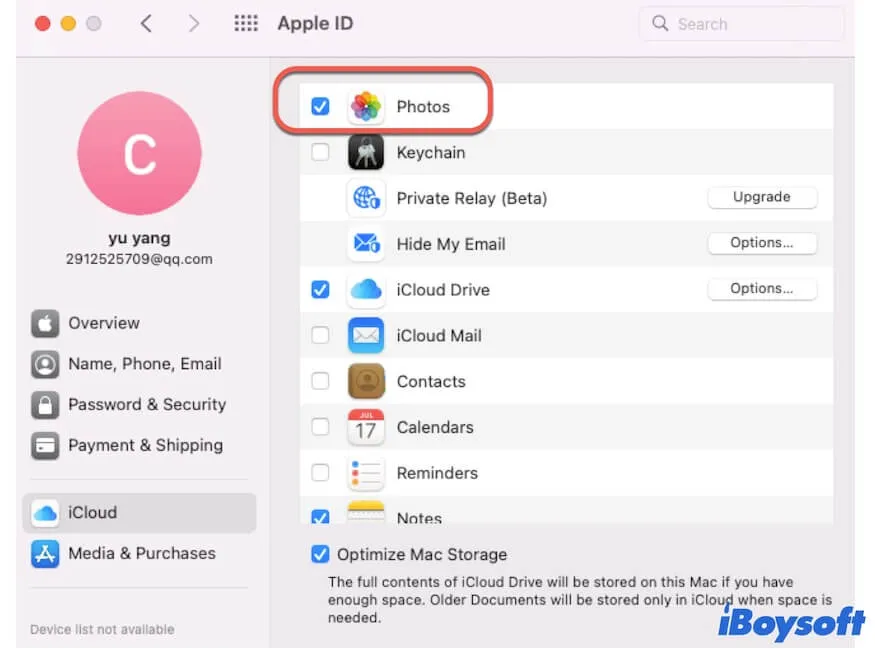 desmarcar Fotos nas configurações do Apple ID